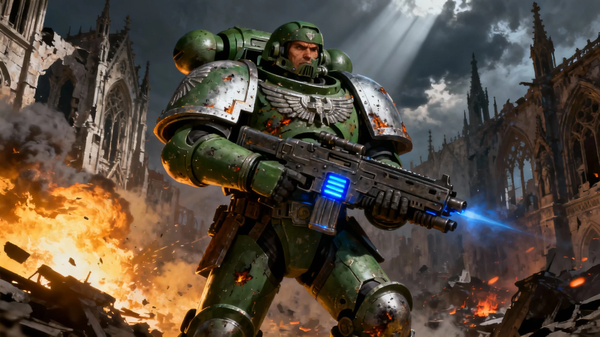 A hyper-detailed, cinematic digital painting of a Warhammer 40k Imperial Guard soldier in ornate armor, standing heroically on a battlefield with dramatic lighting.