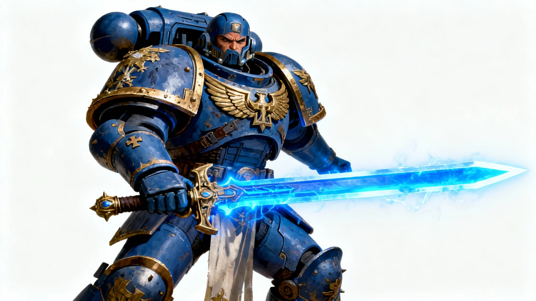 A detailed digital painting of a Warhammer 40k Ultramarine Captain in blue and gold power armor, holding a glowing power sword, isolated against a plain white background.