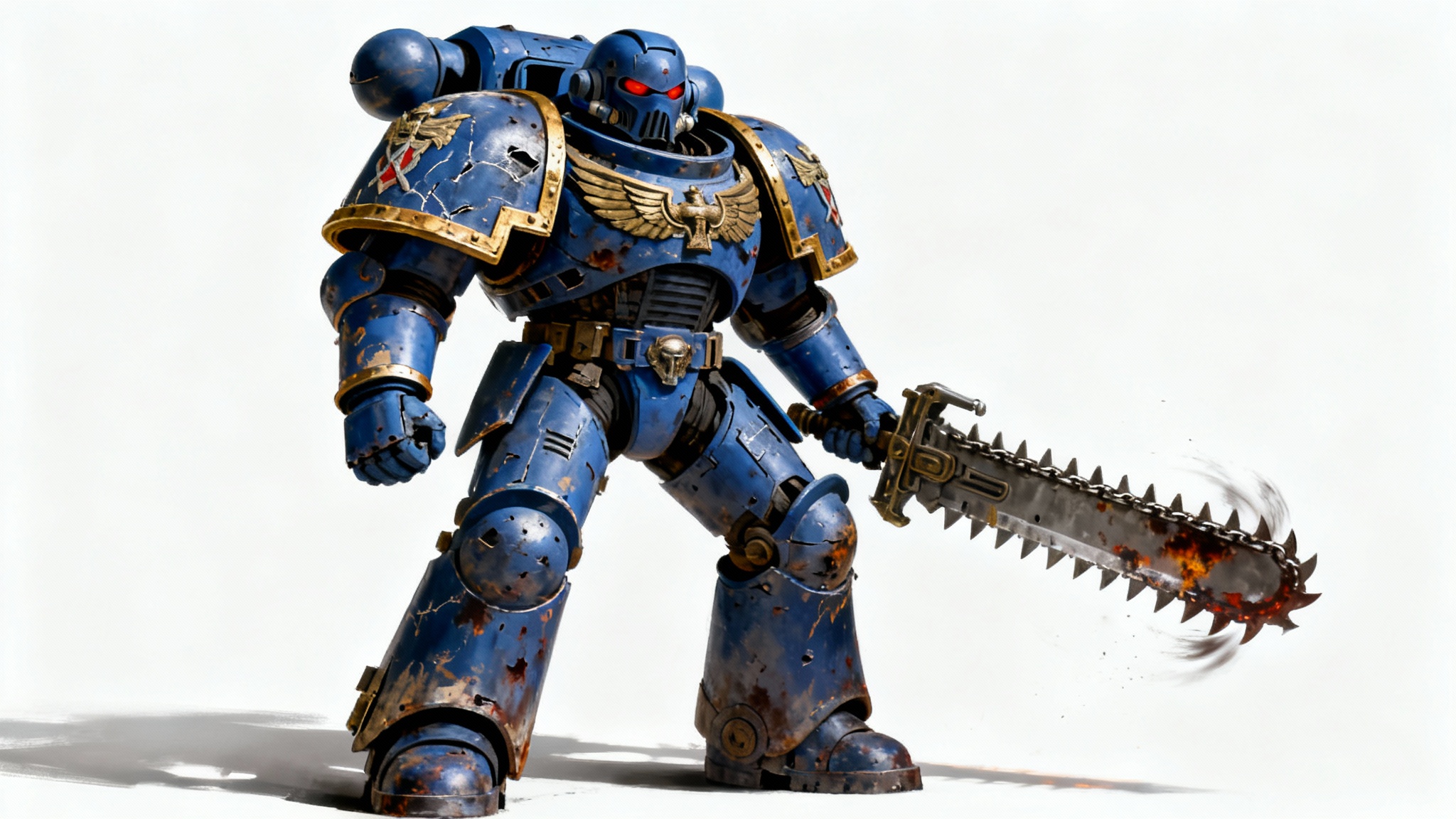 A hyper-realistic digital painting of a Warhammer 40k Ultramarine in battle-damaged blue and gold power armor, holding a chainsword against a clean white background.