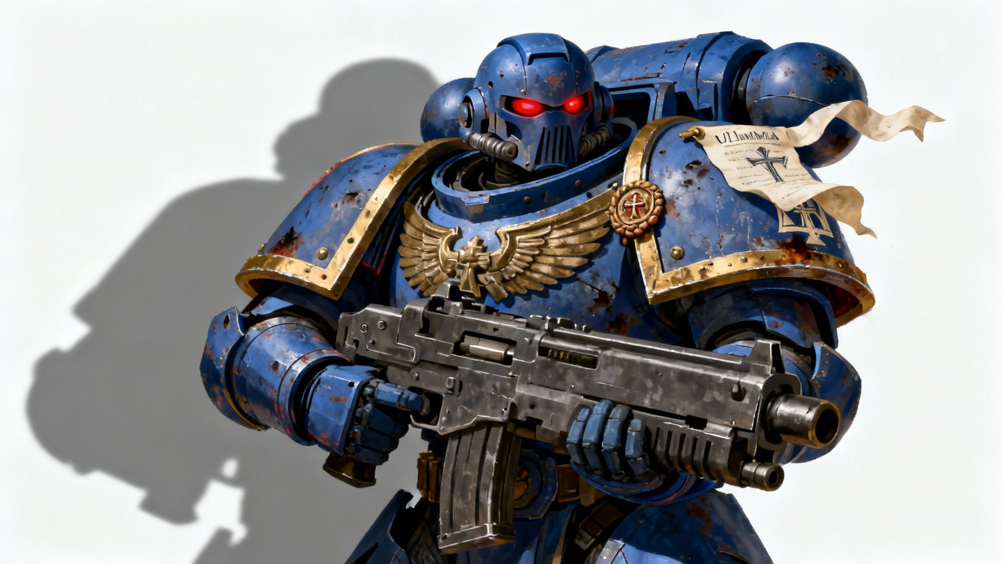 Full body character art of a Warhammer 40,000 Space Marine in detailed blue and gold power armor, standing heroically with a large rifle against a clean white background.