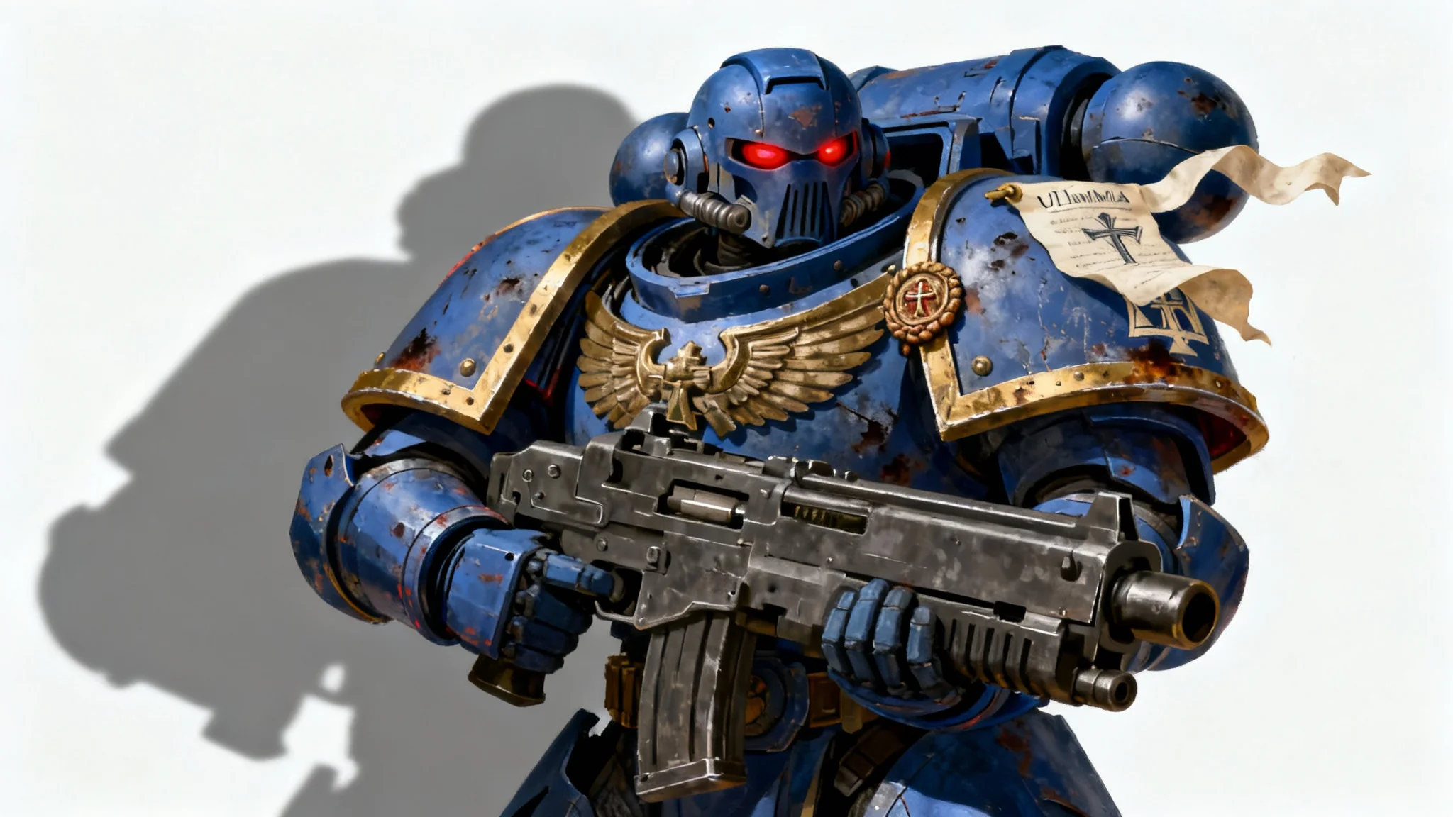 Full body character art of a Warhammer 40,000 Space Marine in detailed blue and gold power armor, standing heroically with a large rifle against a clean white background.