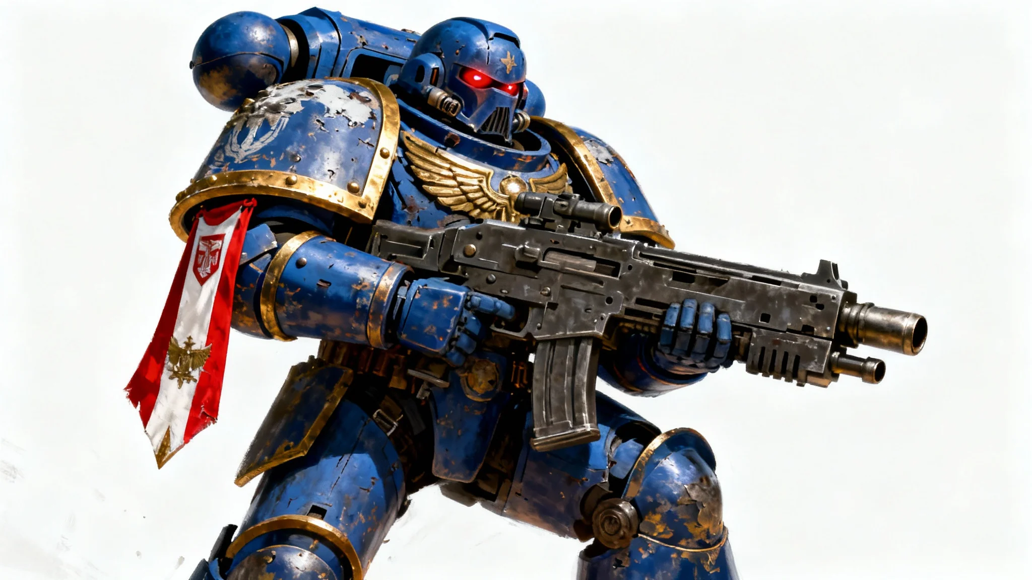 A hyper-realistic digital painting of a Warhammer 40,000 Ultramarine in full blue and gold power armor, holding a bolt rifle and posing heroically against a stark white background.