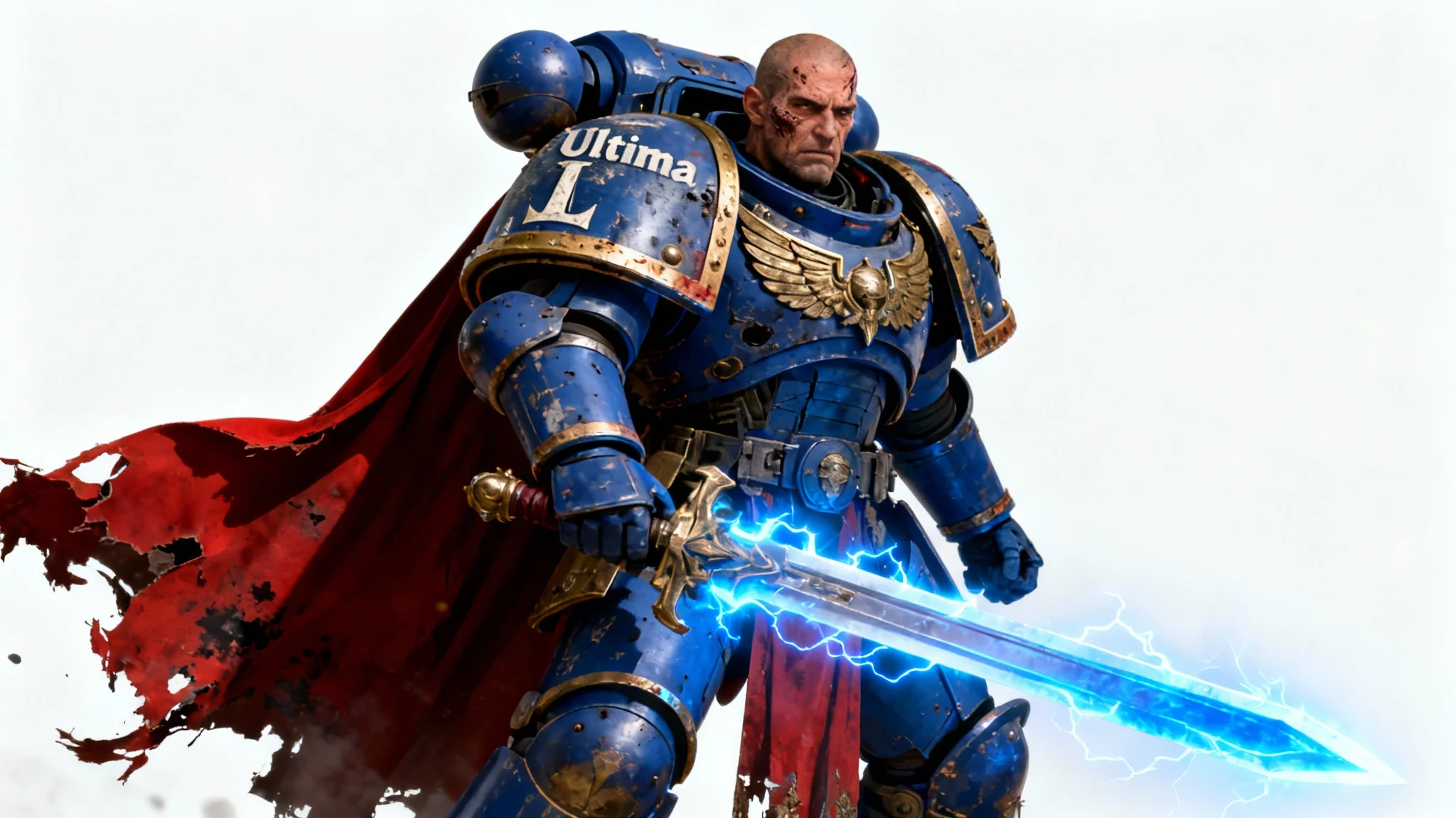 A hyper-realistic digital painting of a Warhammer 40k Ultramarine Captain in detailed blue and gold power armor, posing heroically with a glowing power sword against a plain white background.