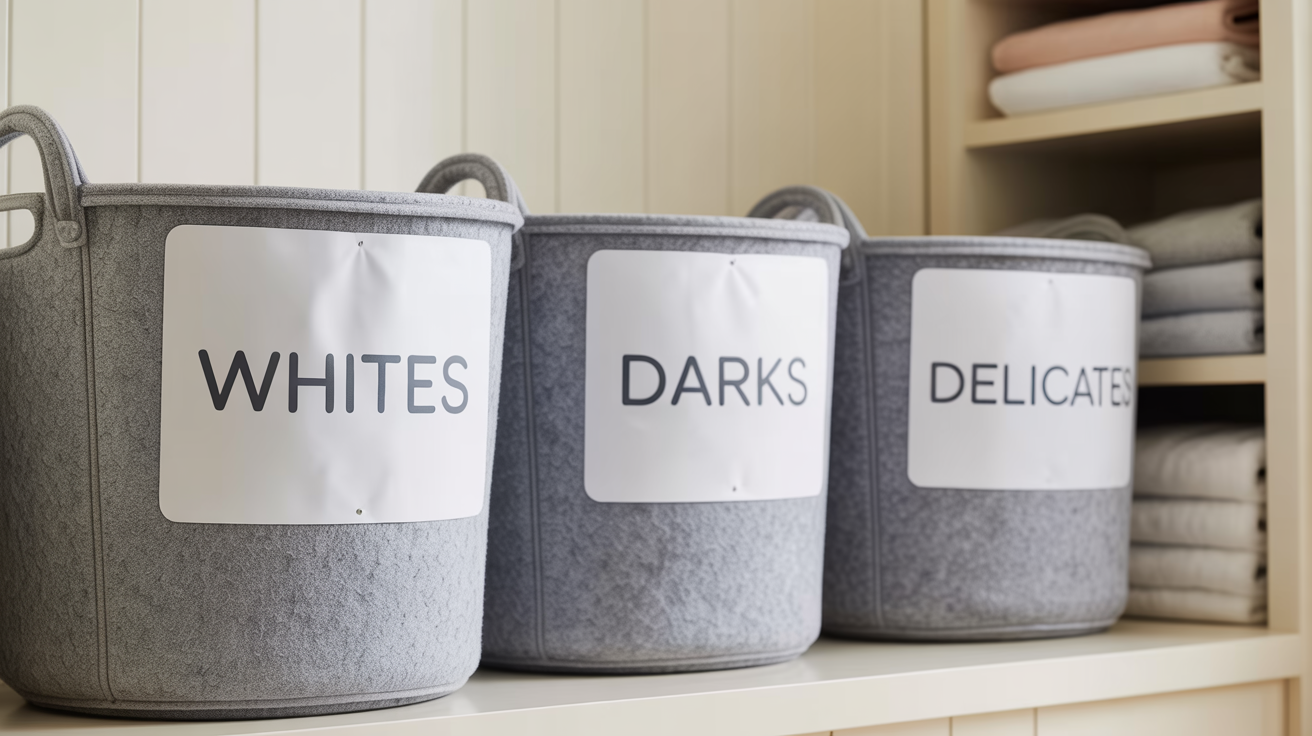 A close-up shot of three modern laundry baskets lined up, each with a professional, clear label indicating 'WHITES', 'DARKS', and 'DELICATES', showcasing an organized laundry system in a bright, clean room.