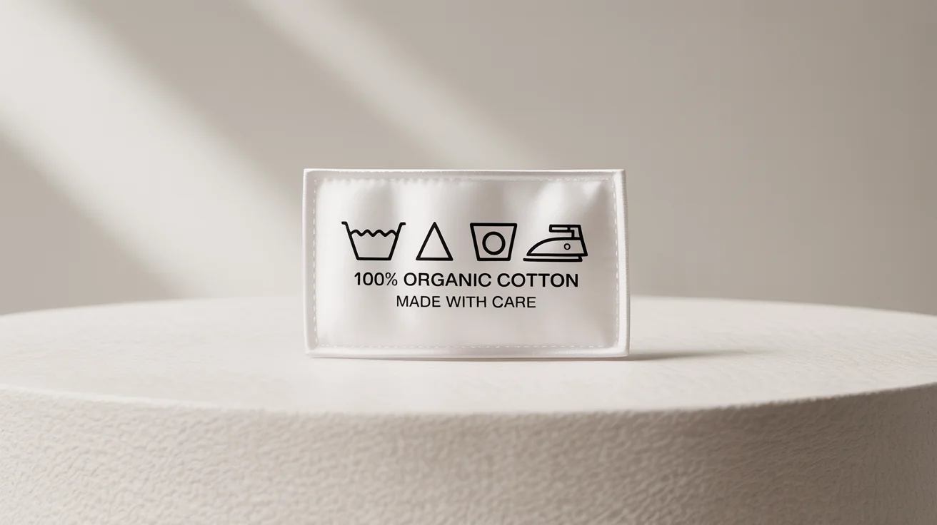 A professional mockup of a white, rectangular laundry care label featuring standard black washing instruction symbols and the text '100% Organic Cotton', set against a plain white background.