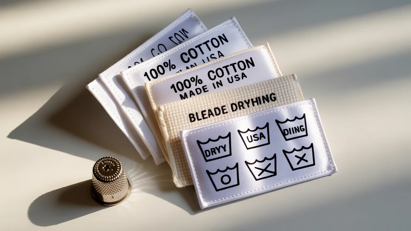 A professional mockup of several different laundry care labels with washing instruction symbols and text, displayed clearly on a clean white background.
