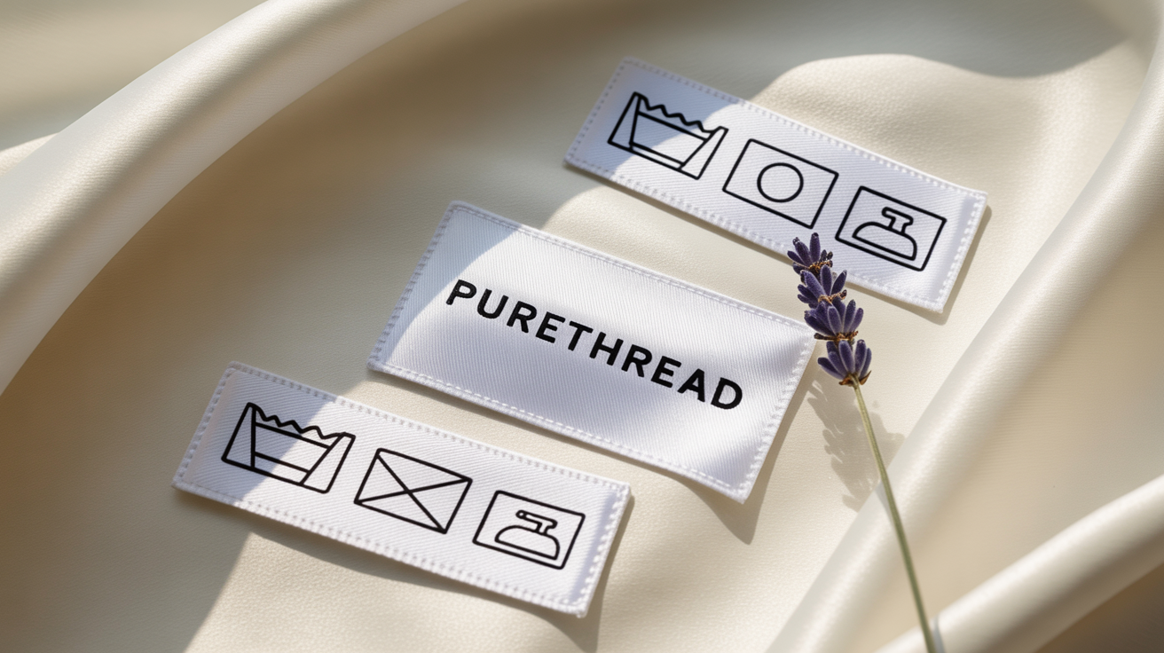 A collection of white satin laundry labels with black care symbols and a fictional brand name, arranged neatly on a white background in a studio-lit mockup.