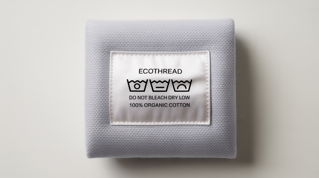 A close-up product photo of a white satin laundry care label with the brand name 'EcoThread' and '100% Organic Cotton' text, sewn onto grey fabric against a white background.