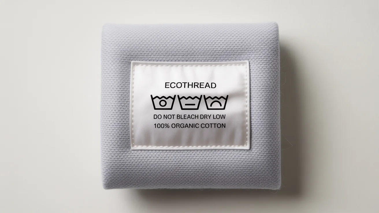 A close-up product photo of a white satin laundry care label with the brand name 'EcoThread' and '100% Organic Cotton' text, sewn onto grey fabric against a white background.