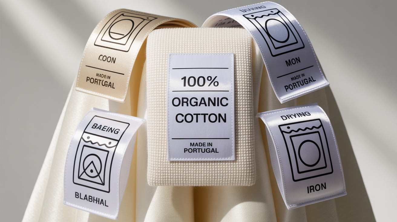 A collection of realistic laundry care labels made from different fabrics, featuring standard washing instruction symbols and text, displayed on a white background.