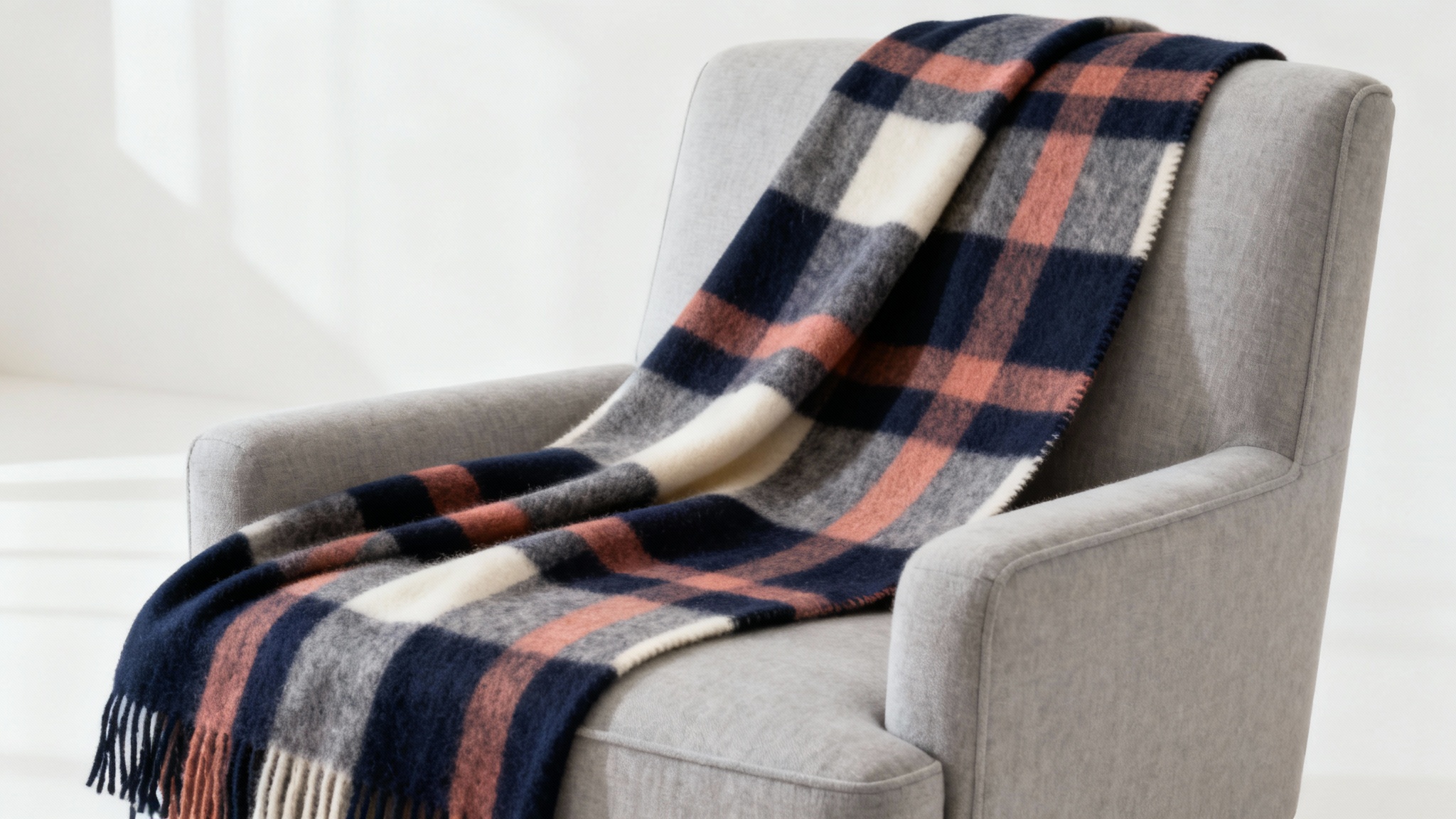 A high-end cashmere blanket with a modern navy blue, terracotta, and cream plaid pattern, elegantly draped over a minimalist armchair in a brightly lit studio setting.
