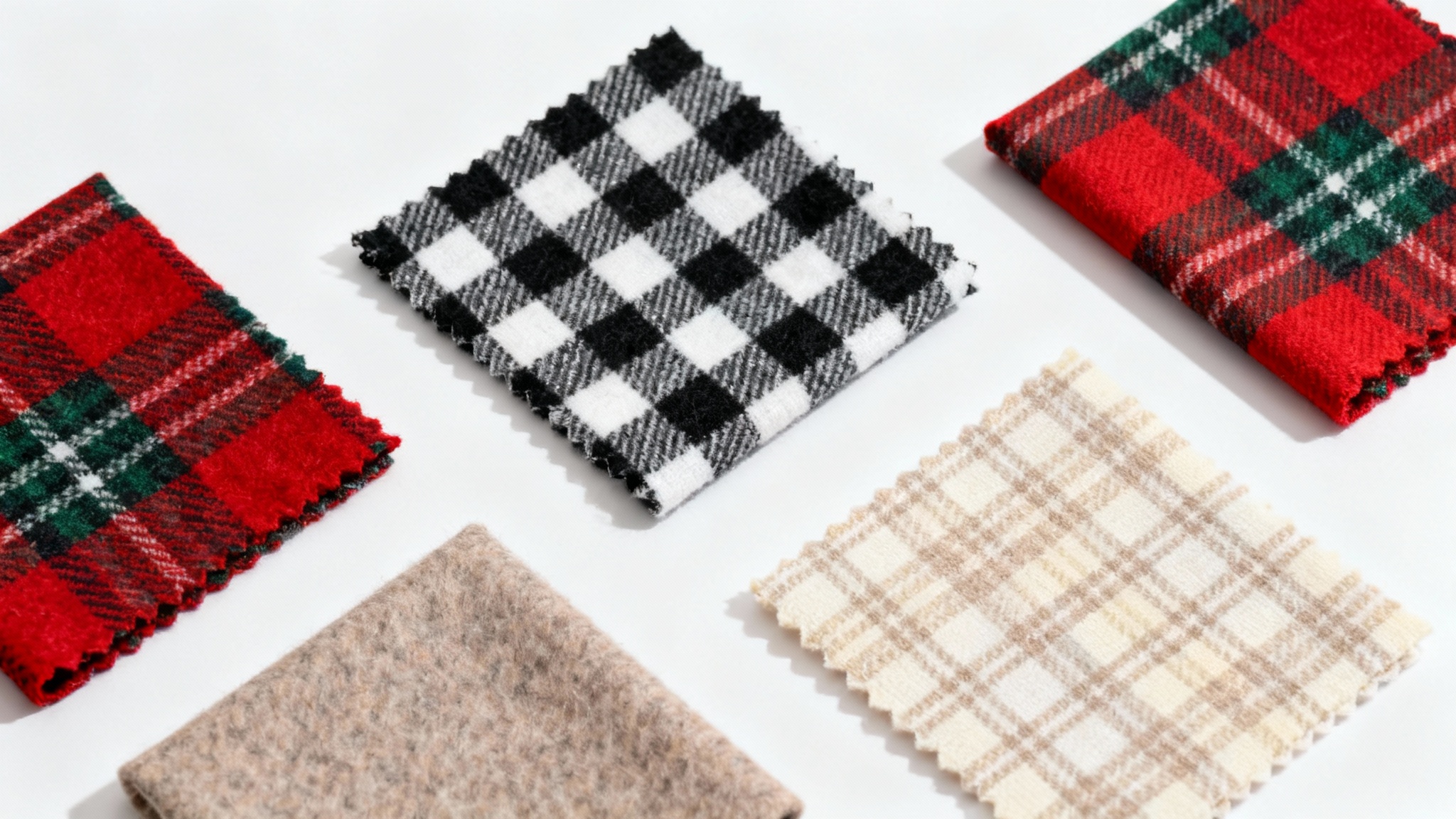 A flat lay image of several fabric swatches with various plaid patterns, including red tartan and black and white buffalo check, neatly arranged on a white background.