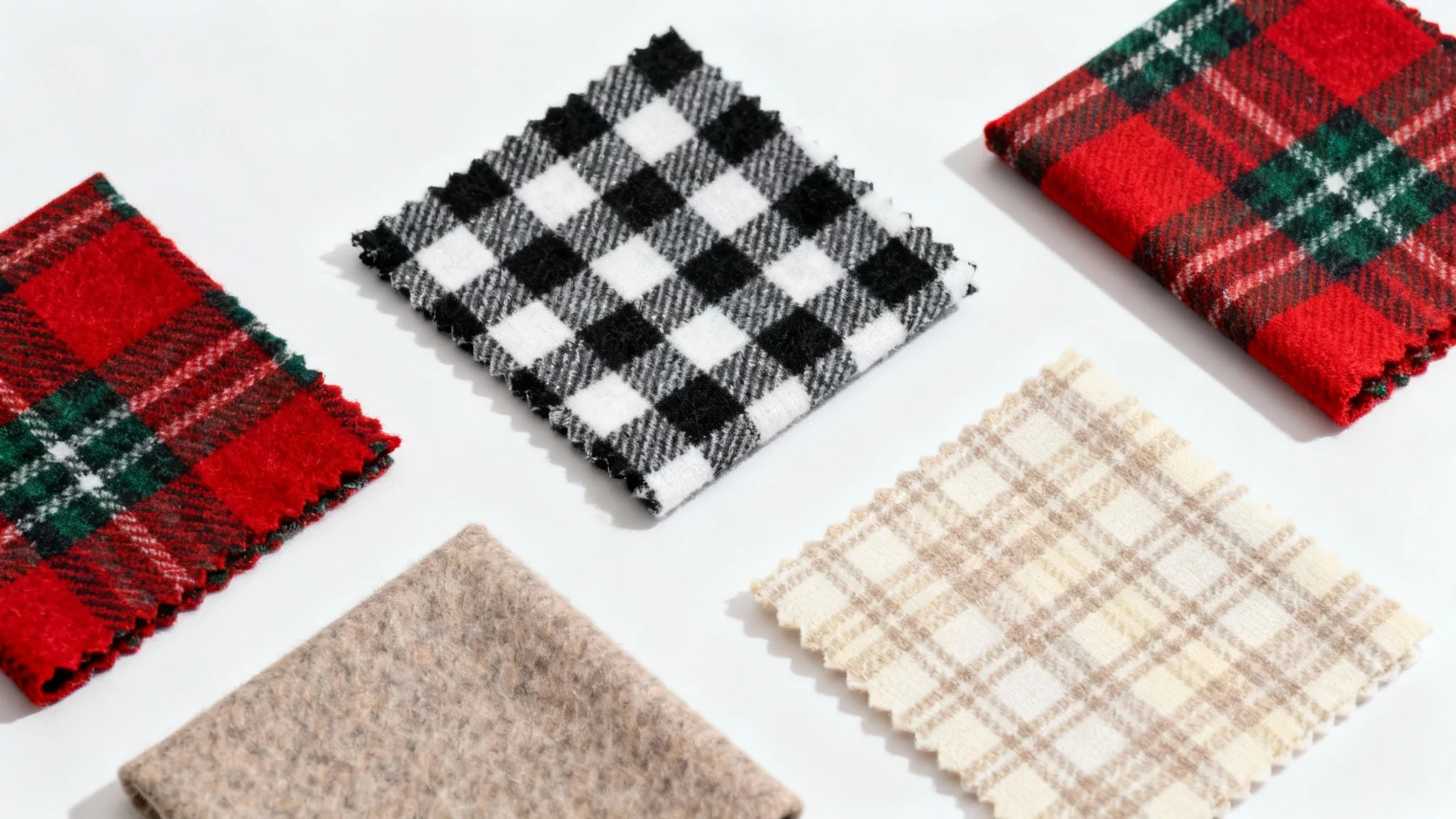 A flat lay image of several fabric swatches with various plaid patterns, including red tartan and black and white buffalo check, neatly arranged on a white background.