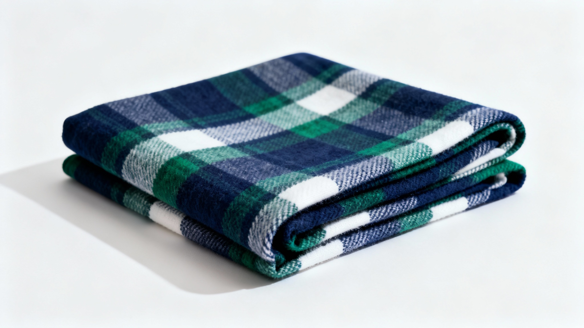 A close-up photograph of a folded swatch of fabric featuring a classic plaid pattern in navy blue, forest green, and white, set against a plain white background.