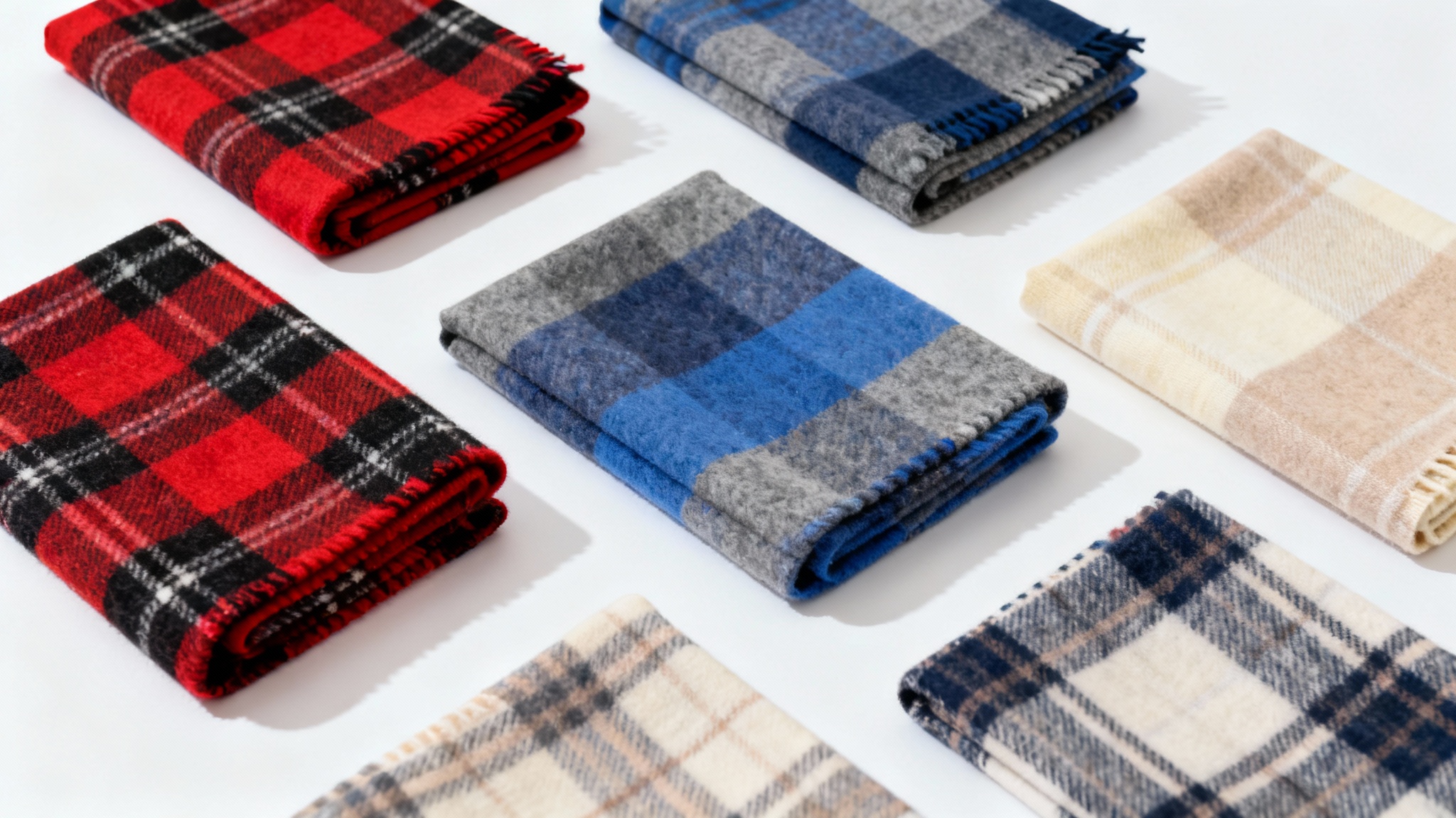 Several folded swatches of fabric with different plaid patterns and colors are neatly arranged on a clean white background, showcasing the texture and design variety.