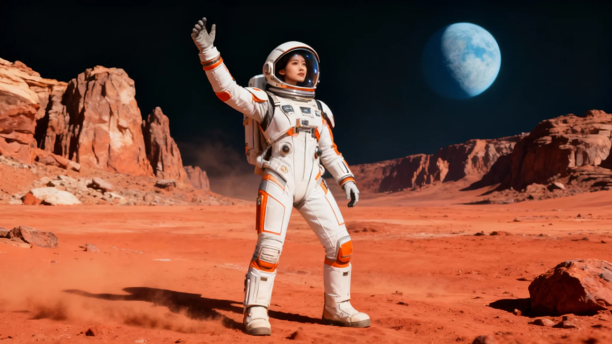 A photorealistic image of a female astronaut on Mars, confidently posing with one arm raised, demonstrating the final result of a pose-to-image AI tool.