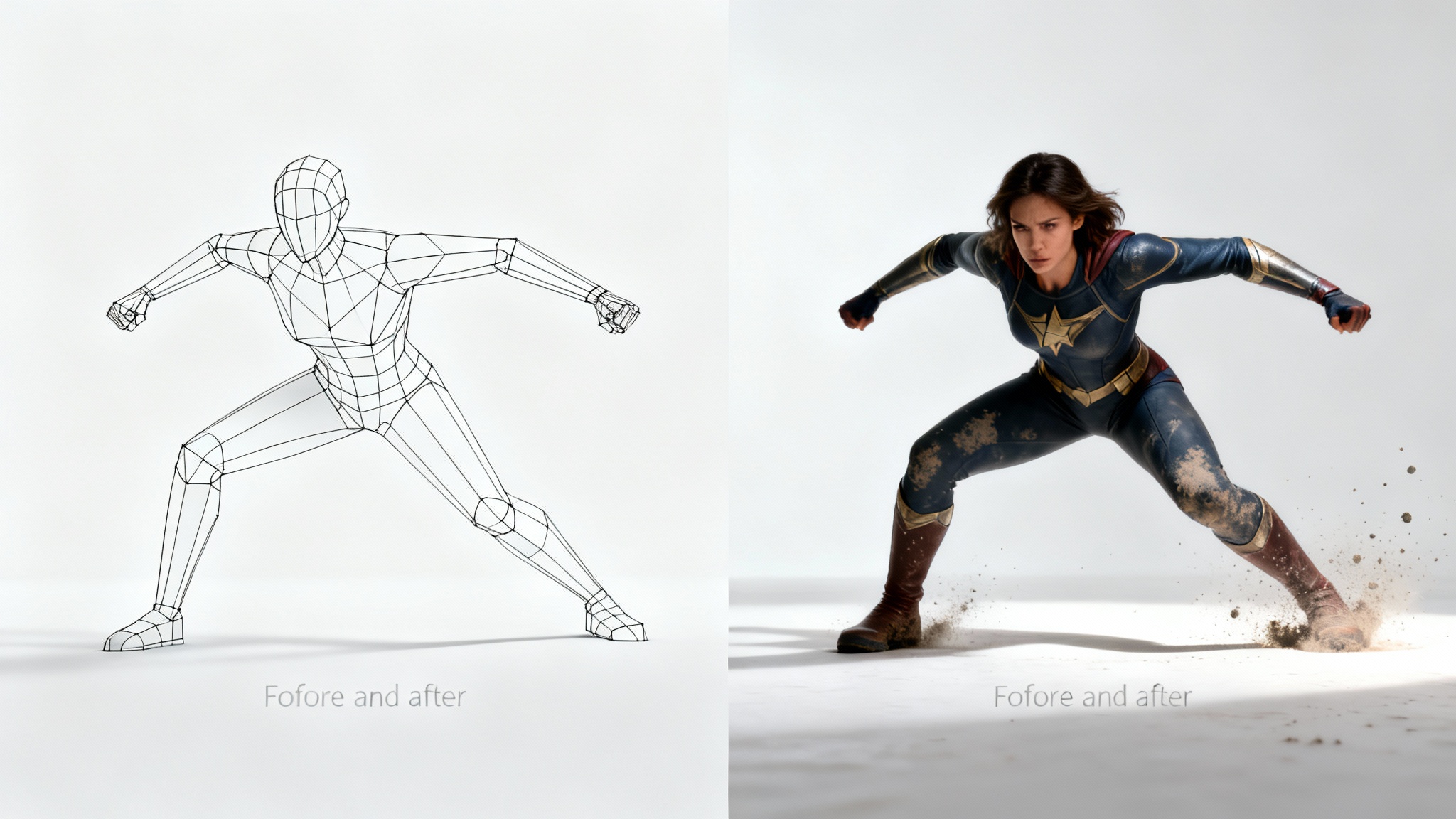 A side-by-side comparison illustrating a pose-to-image tool. On the left is a digital stick figure in a superhero landing pose. On the right is a photorealistic female superhero in the identical pose, against a clean white background.