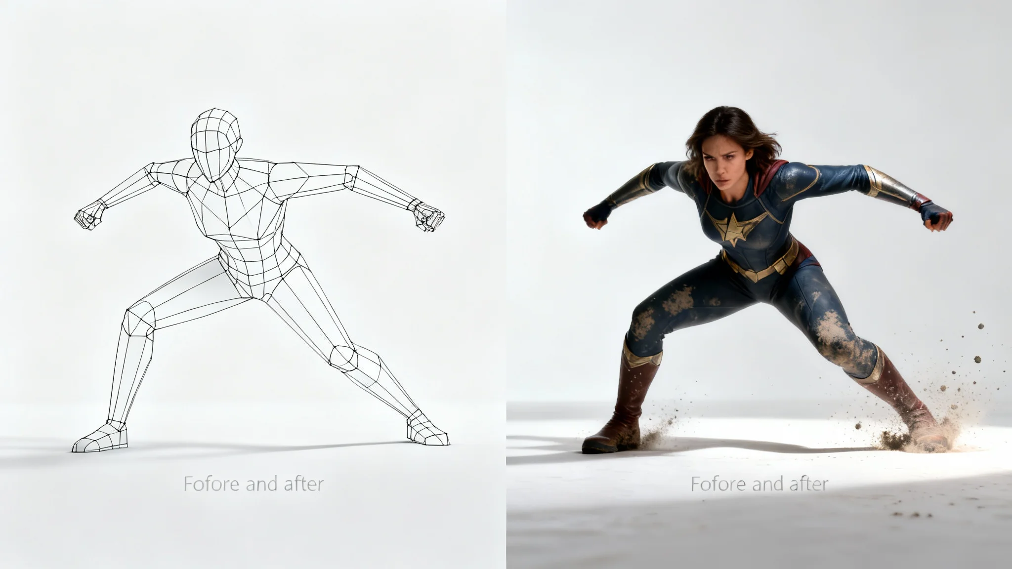 A side-by-side comparison illustrating a pose-to-image tool. On the left is a digital stick figure in a superhero landing pose. On the right is a photorealistic female superhero in the identical pose, against a clean white background.