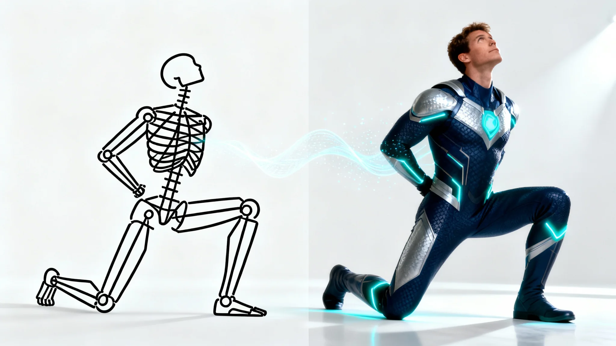 A conceptual image demonstrating a 'pose to image' feature. On the left is a simple skeletal rig of a superhero pose, and on the right is a fully rendered, photorealistic superhero in that exact same pose.