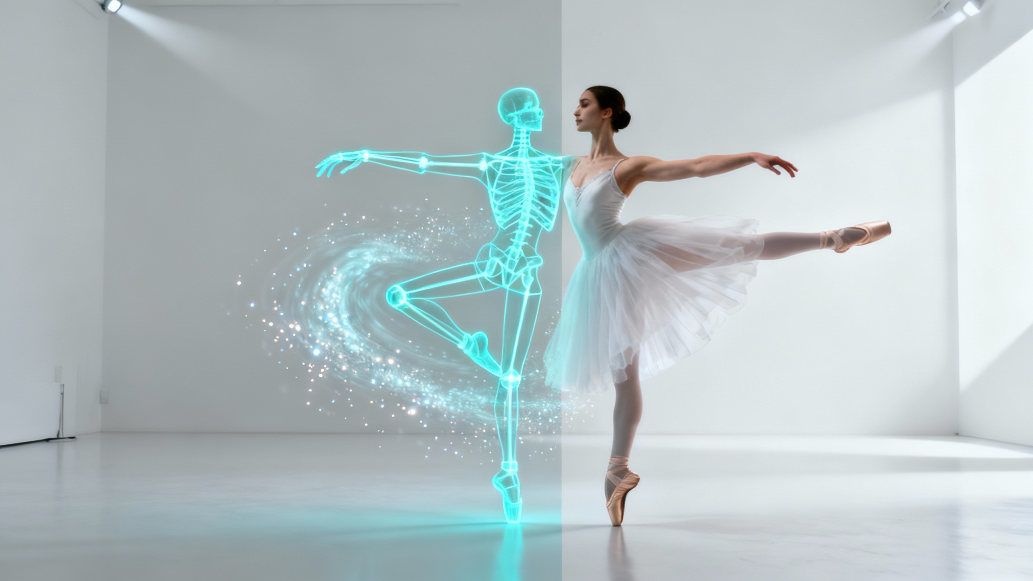 A ballerina in a dynamic pose on a white background. Half of her body is a glowing wireframe, and the other half is photorealistic, illustrating the concept of generating an image from a pose.