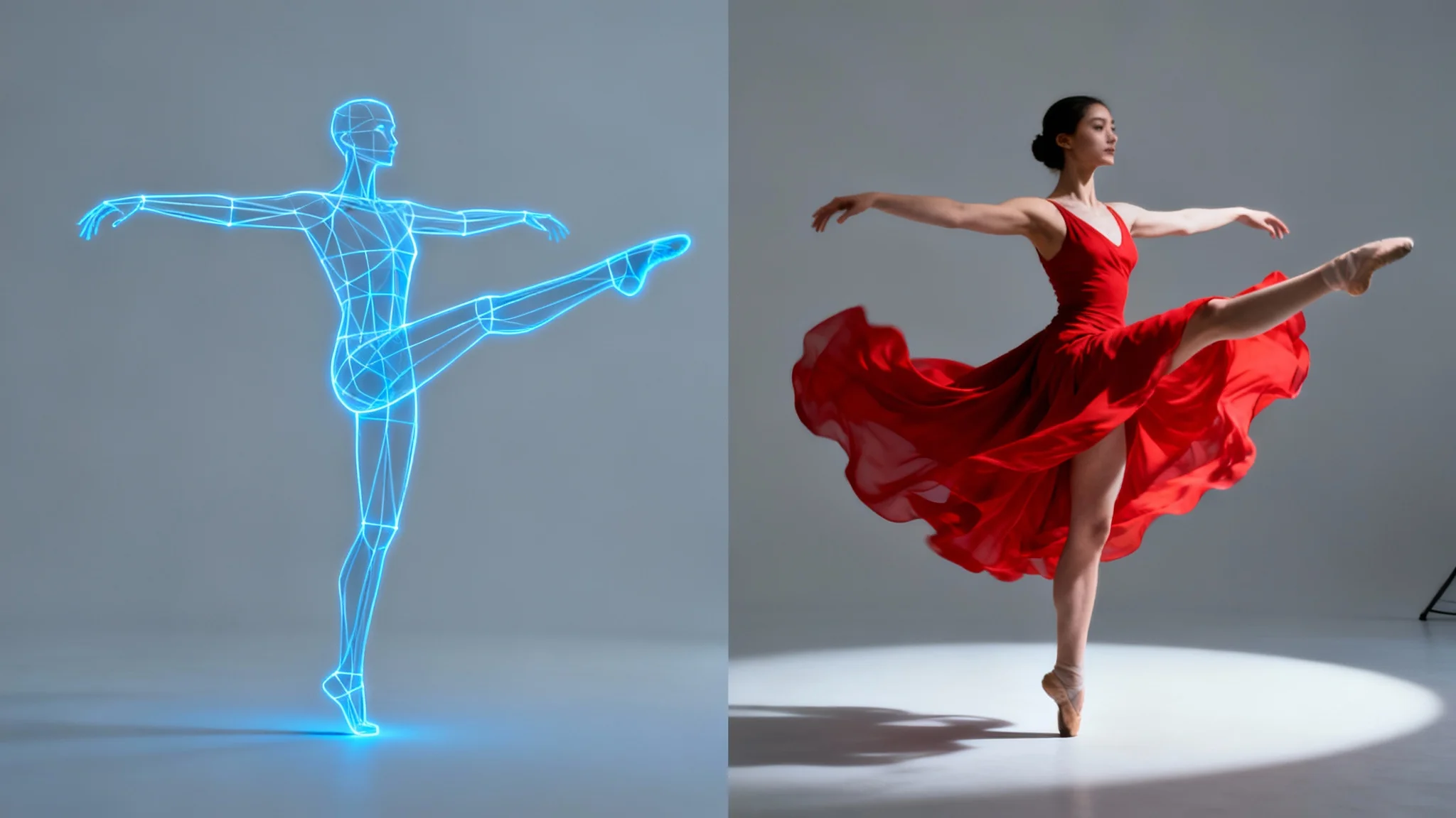 A split-image demonstrating a pose-to-image transformation. The left side shows a blue glowing wireframe of a dancer, and the right side shows a photorealistic female dancer in a red dress striking the identical pose.