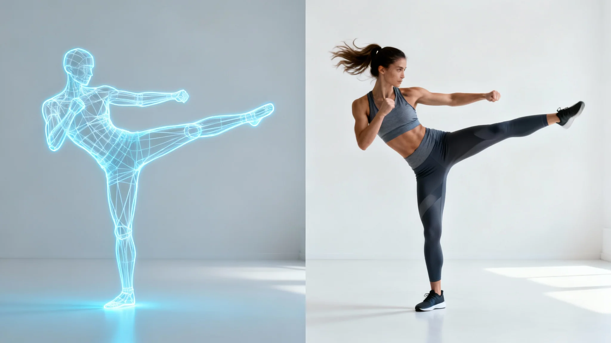 A side-by-side comparison illustrating a 'pose to image' concept. On the left, a simple blue glowing 3D wireframe of a person in a kicking pose. On the right, a photorealistic woman in the exact same dynamic kicking pose, set against a clean white background.
