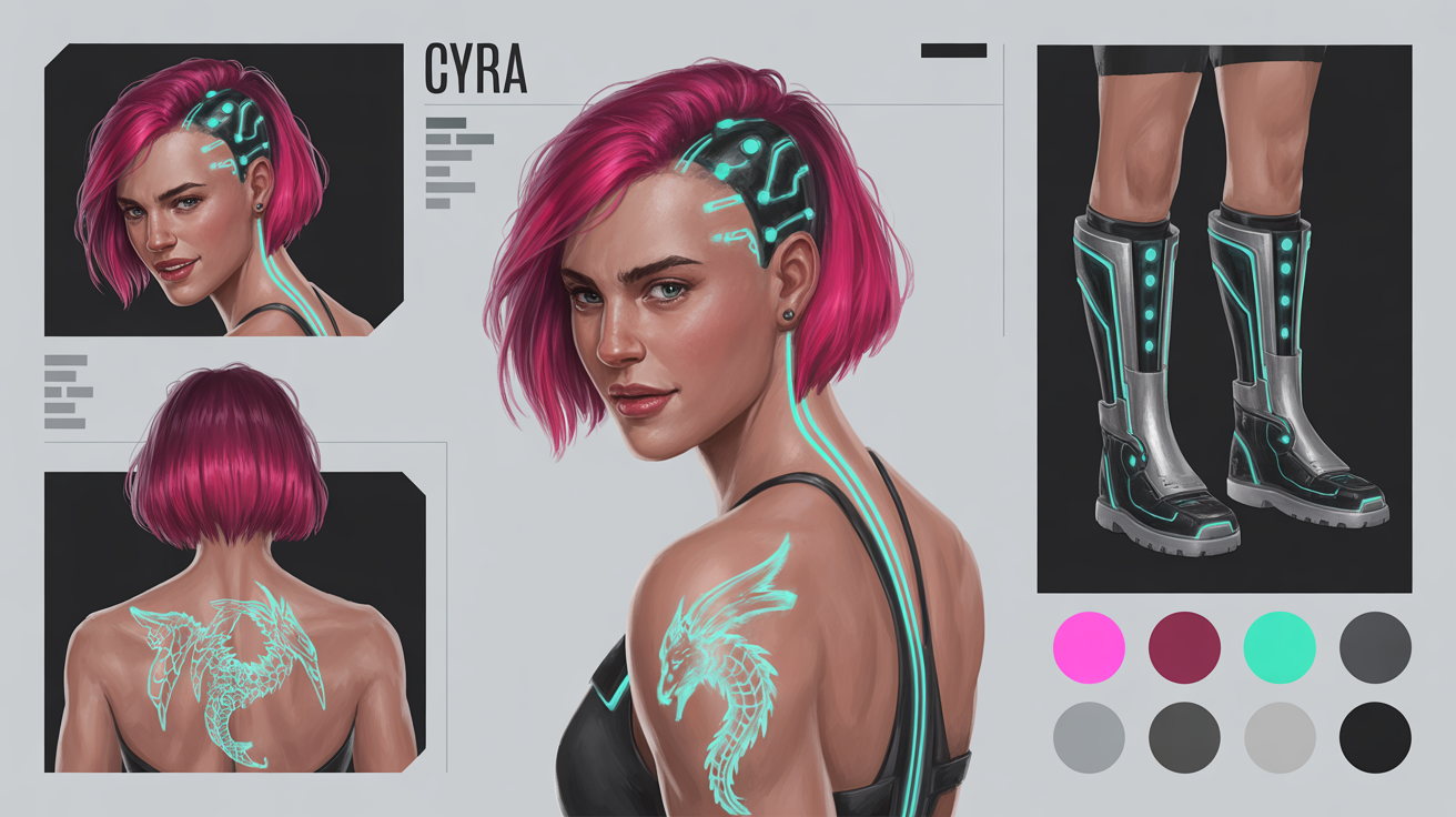 A professional character reference sheet for a female sci-fi character named Cyra, showcasing multiple poses, outfit details, color swatches, and character information in a clean, organized layout.