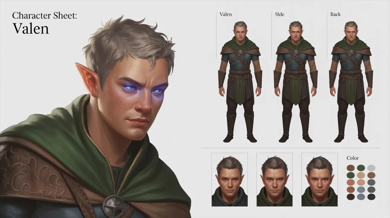 A digital art character reference sheet for a male elf ranger named Valen. The sheet shows his full body design, front, side, and back views, different facial expressions, and a color palette against a white background.