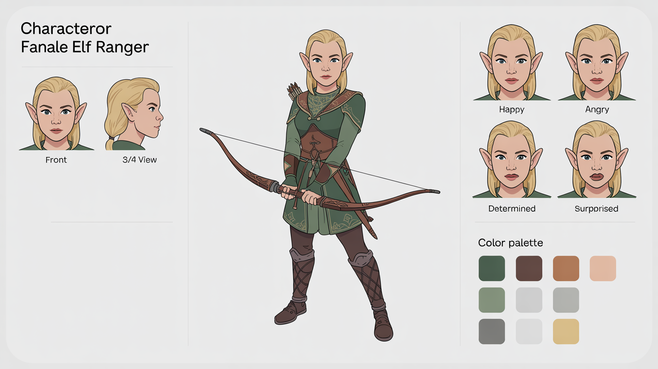 A character reference sheet for an elf ranger, showing a full-body illustration, multiple head angles, a variety of facial expressions, and a color palette for the design, all on a white background.