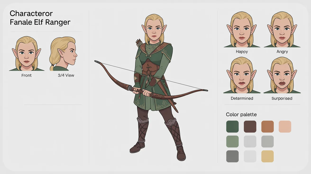 A character reference sheet for an elf ranger, showing a full-body illustration, multiple head angles, a variety of facial expressions, and a color palette for the design, all on a white background.
