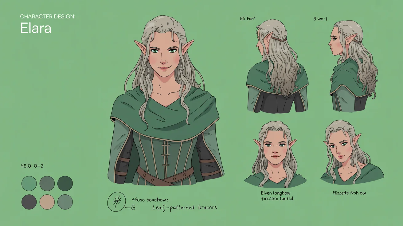 A professional character reference sheet for a fantasy elf ranger named Elara. The sheet shows front, back, and side views of the character, along with different facial expressions and a color palette, all on a clean white background.