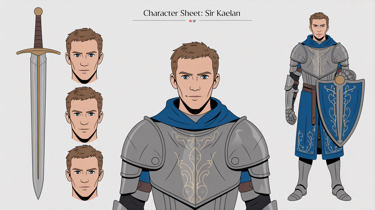 A professional character reference sheet for a fantasy knight named Sir Kaelan, showing his full-body design from the front, side, and back, along with facial expressions and weapon details, all on a clean white background.