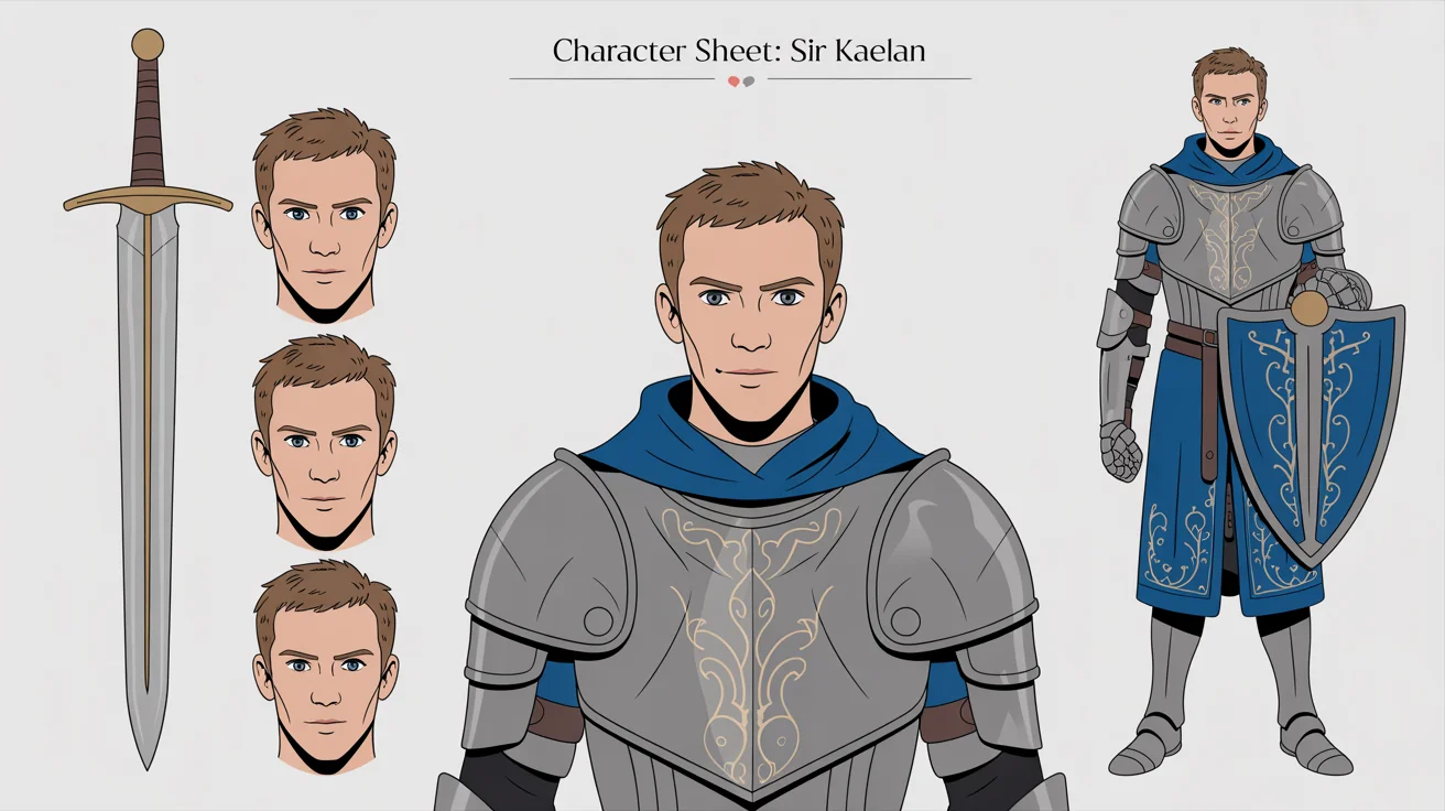 A professional character reference sheet for a fantasy knight named Sir Kaelan, showing his full-body design from the front, side, and back, along with facial expressions and weapon details, all on a clean white background.