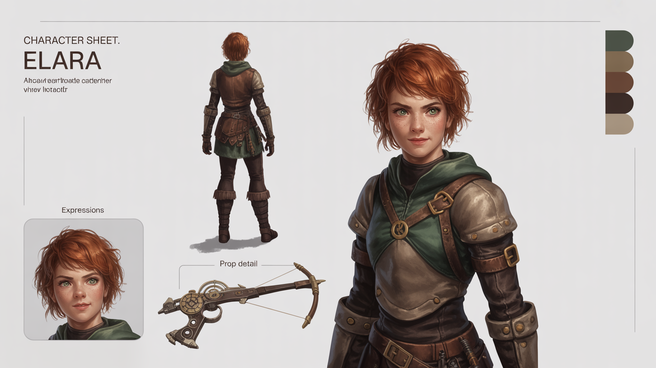 A professional digital art character reference sheet for a fantasy rogue named Elara. The sheet displays front and back views of the character, a close-up of her face, a detailed prop, and a color palette, all on a clean white background.