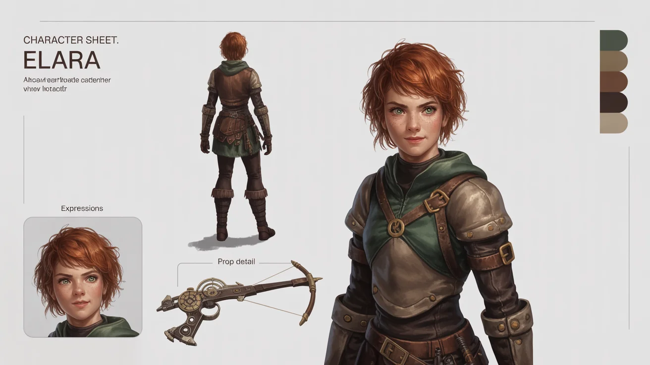 A professional digital art character reference sheet for a fantasy rogue named Elara. The sheet displays front and back views of the character, a close-up of her face, a detailed prop, and a color palette, all on a clean white background.