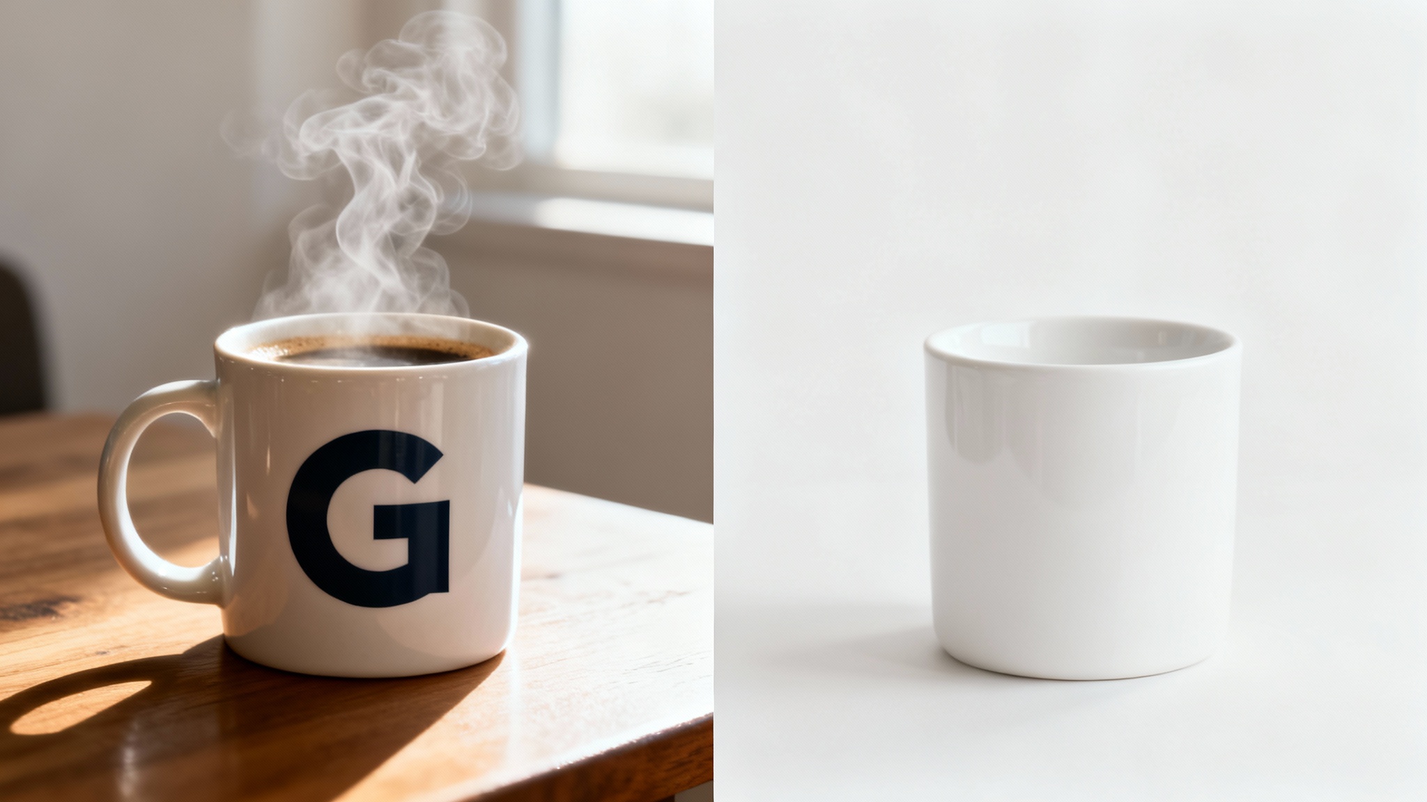 A before-and-after comparison image. The left side shows a coffee cup with a prominent logo, and the right side shows the same cup with the logo perfectly erased, demonstrating a logo removal feature.