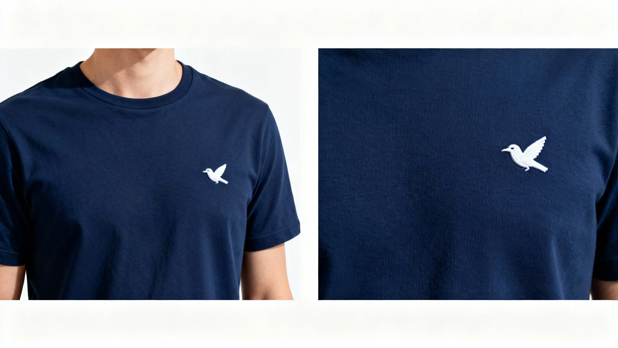 A before-and-after comparison showing a navy blue t-shirt. The left side has a white embroidered logo, and the right side shows the same shirt with the logo seamlessly erased.
