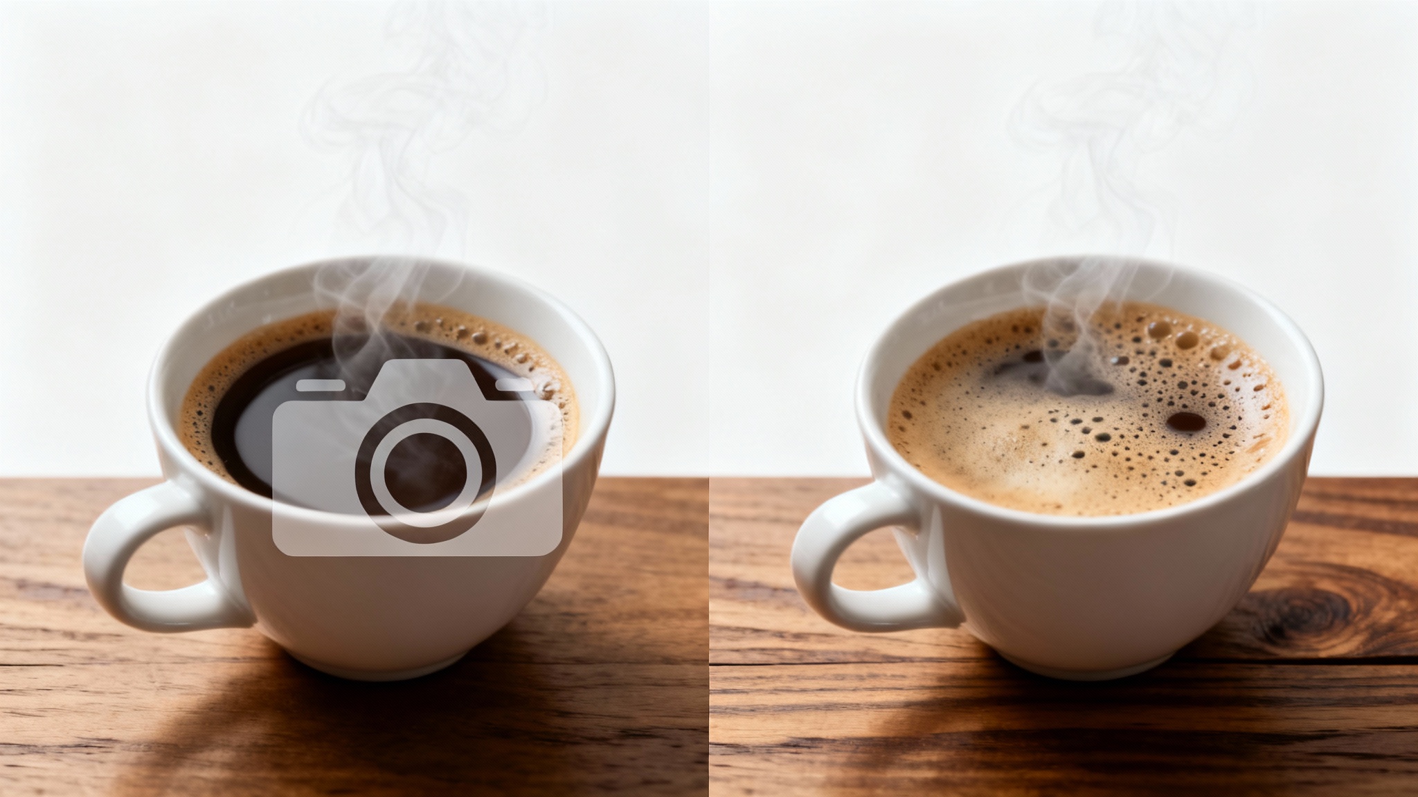 A before-and-after comparison image showing a photo of a coffee cup. The 'before' side has an ugly watermark, and the 'after' side shows the same photo with the watermark perfectly removed.