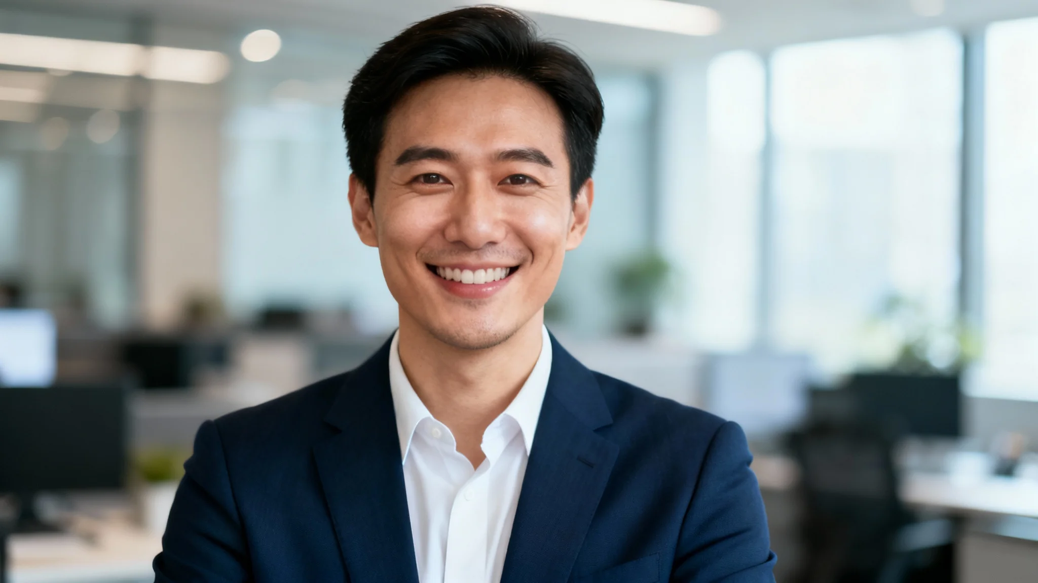 A professional person smiles during a video call, with their face in sharp focus and the office background heavily blurred for a clean, professional look.