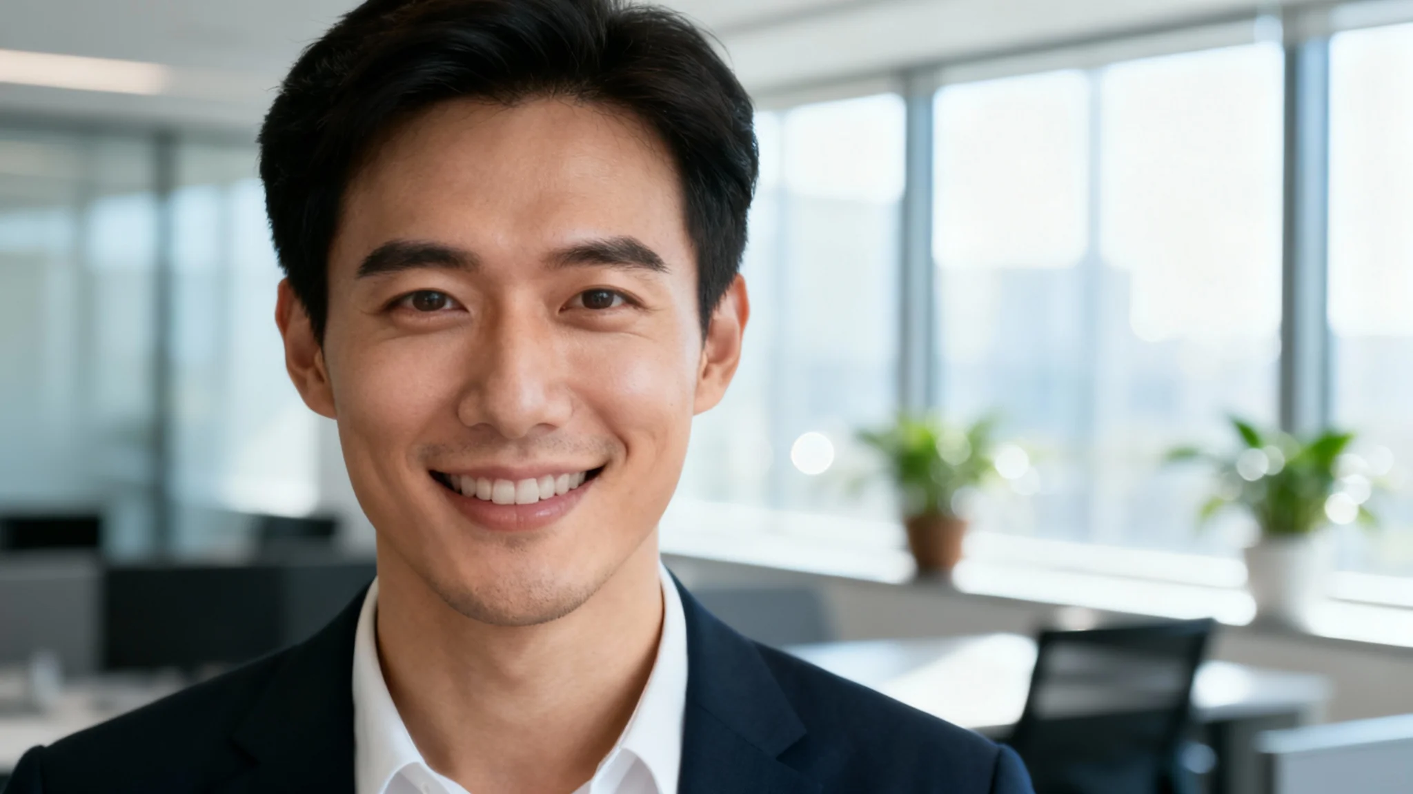 A photorealistic image of a person in sharp focus, set against a heavily blurred modern office background to demonstrate a virtual background effect.