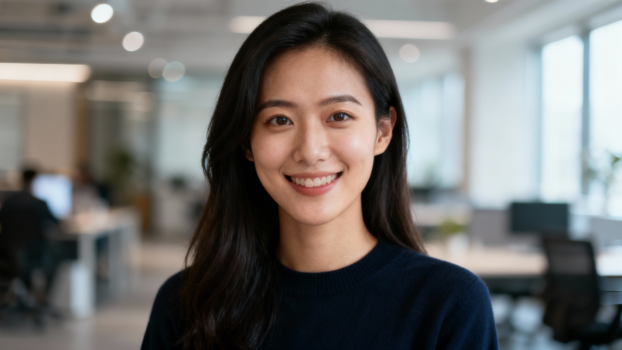 A professional photograph of a person in an office, where the person is in sharp focus and the office background is beautifully blurred.