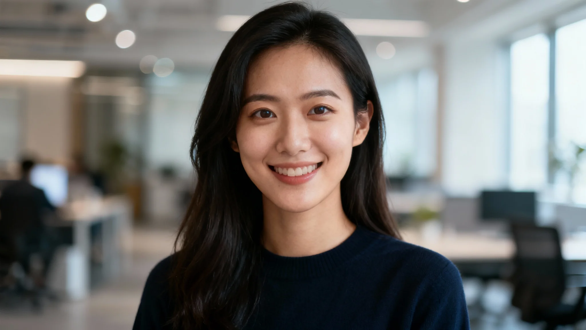 A professional photograph of a person in an office, where the person is in sharp focus and the office background is beautifully blurred.