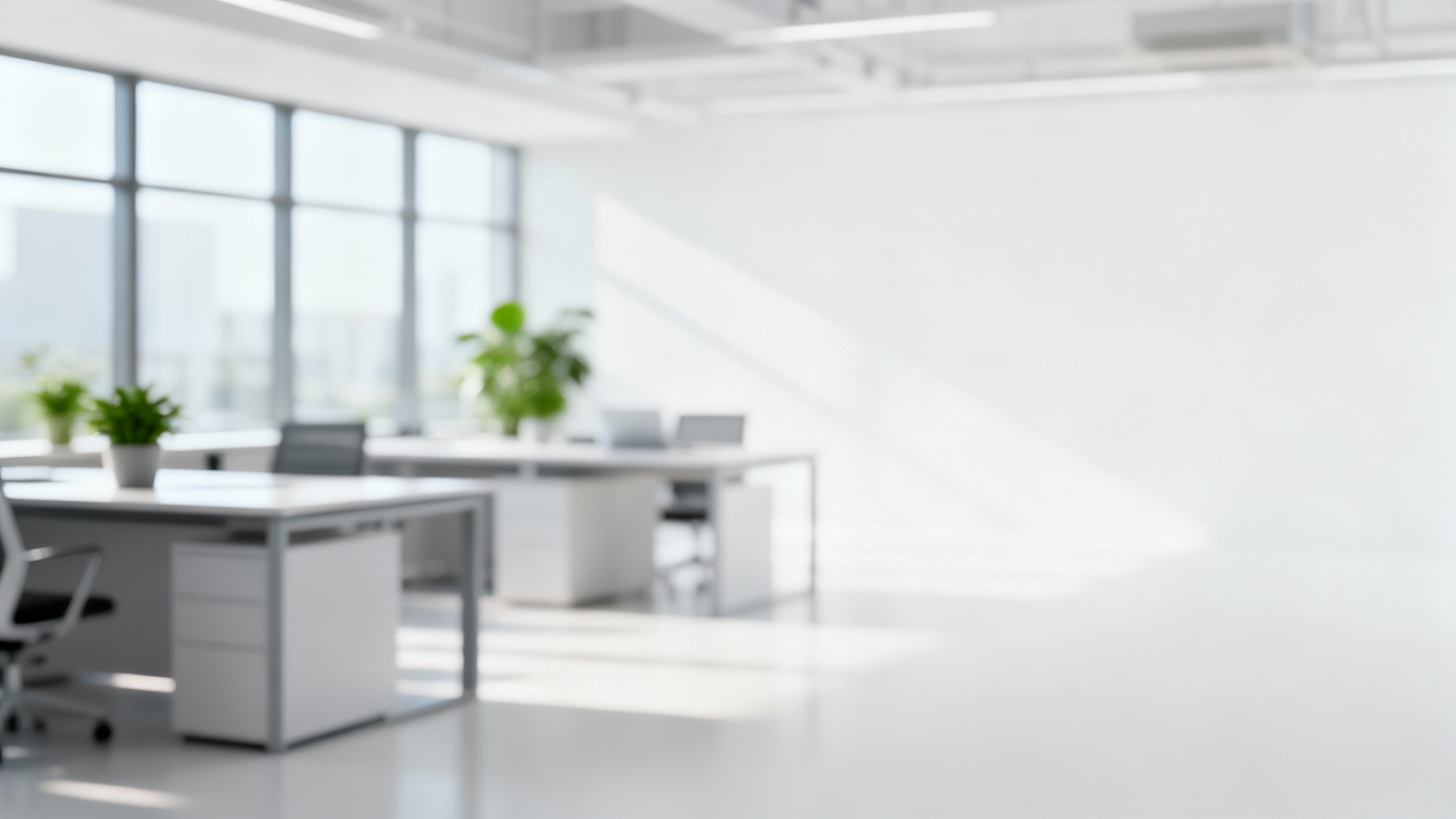 A professional virtual background of a bright, modern office interior, rendered with a heavy blur and soft bokeh effects for a clean, sophisticated look.
