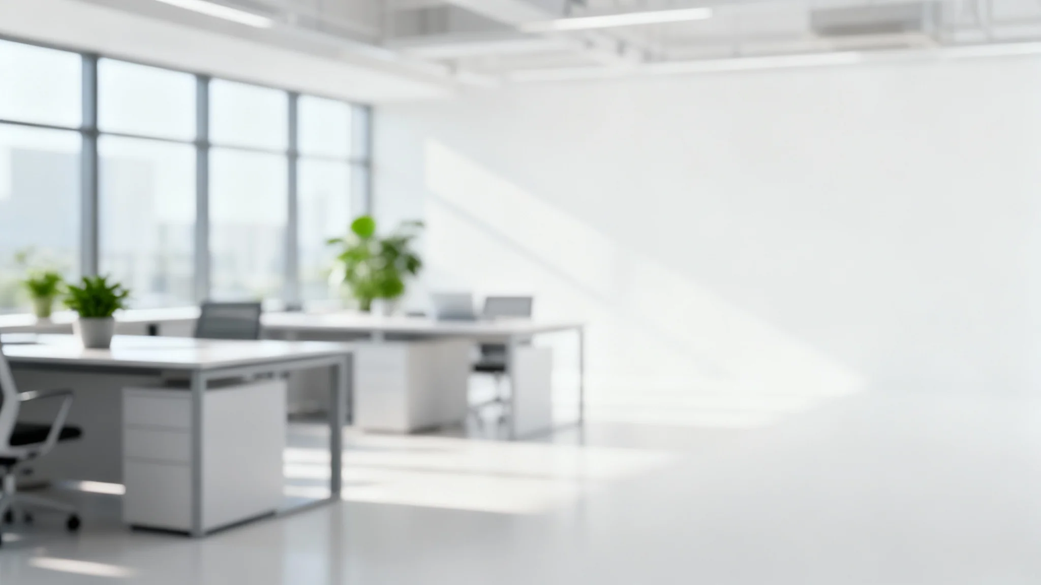 A professional virtual background of a bright, modern office interior, rendered with a heavy blur and soft bokeh effects for a clean, sophisticated look.