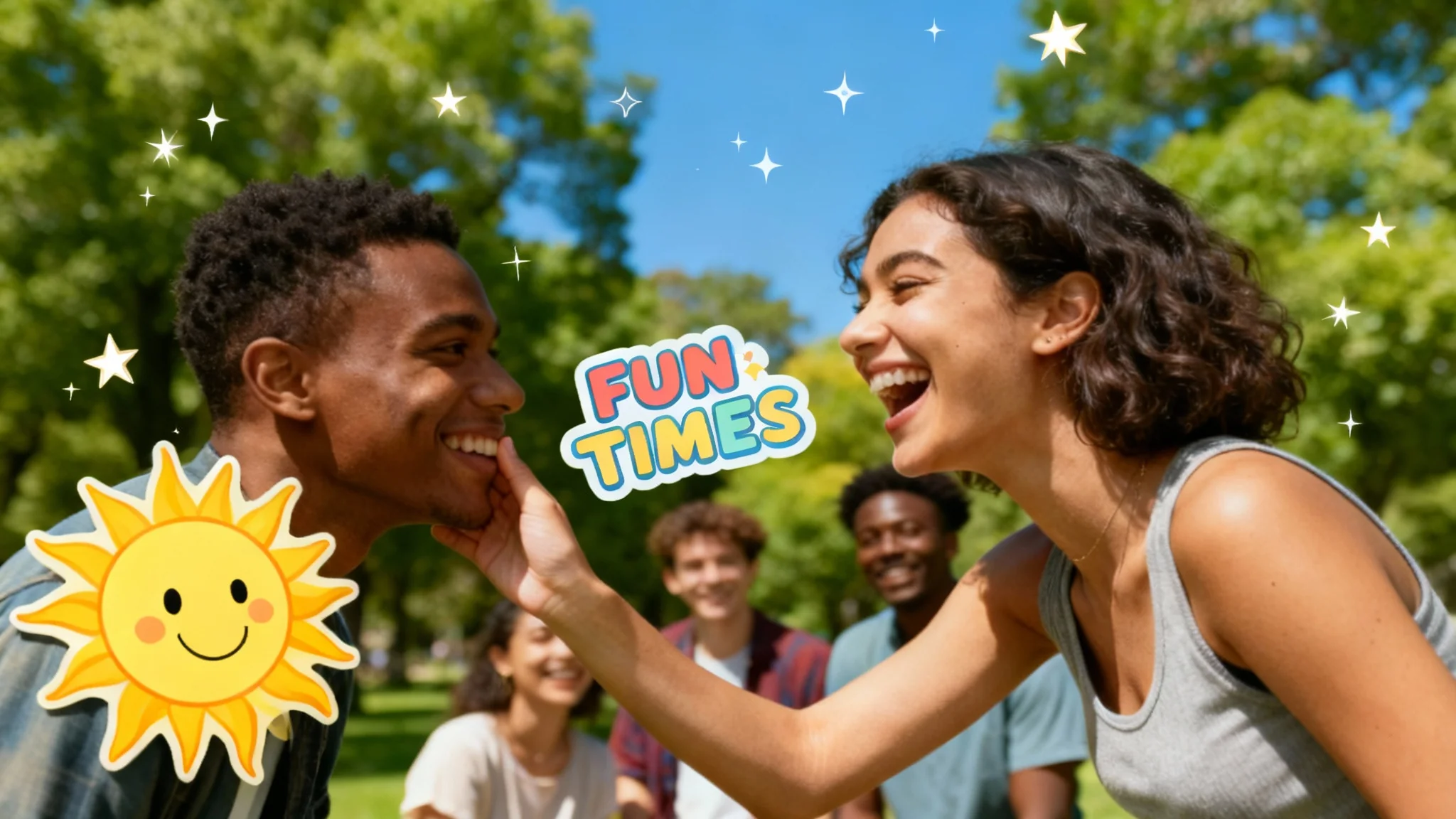 A cheerful photo of a group of friends in a park, professionally edited with cute digital stickers like a smiling sun, stars, and the text 'FUN TIMES', showcasing the final result of a photo editing tool.