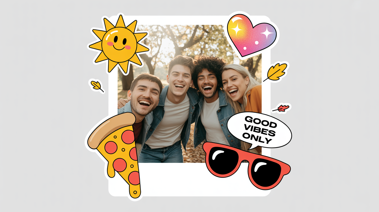 A polaroid-style photo of a group of friends laughing, adorned with colorful digital stickers like a sun, a heart, and a text bubble that says 'Good Vibes Only'.