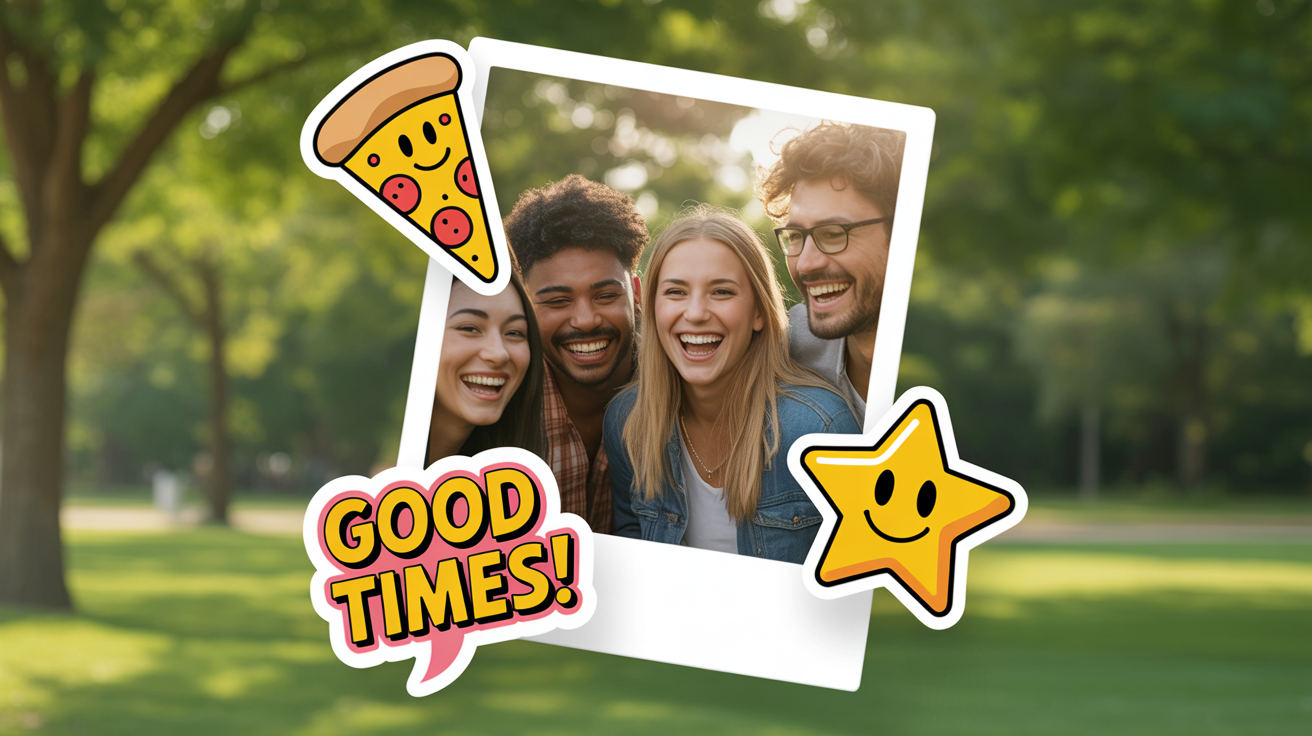 A polaroid photo of happy friends, decorated with fun digital stickers like a pizza slice, a star, and a speech bubble that says 'Good Times!', presented on a white background.