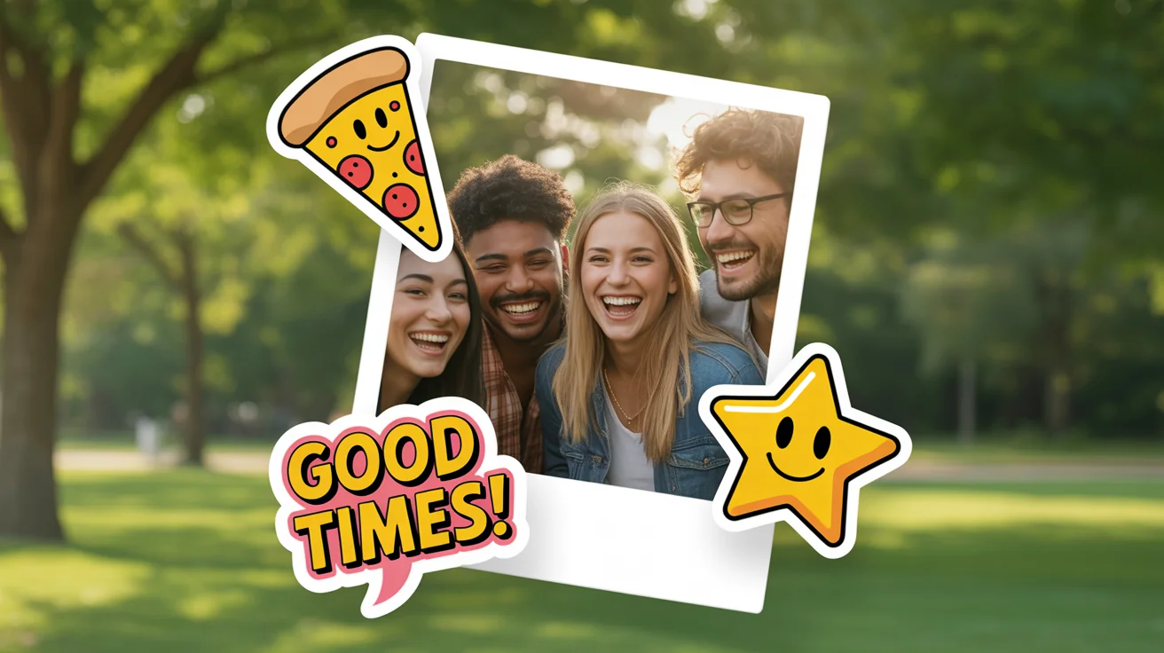 A polaroid photo of happy friends, decorated with fun digital stickers like a pizza slice, a star, and a speech bubble that says 'Good Times!', presented on a white background.