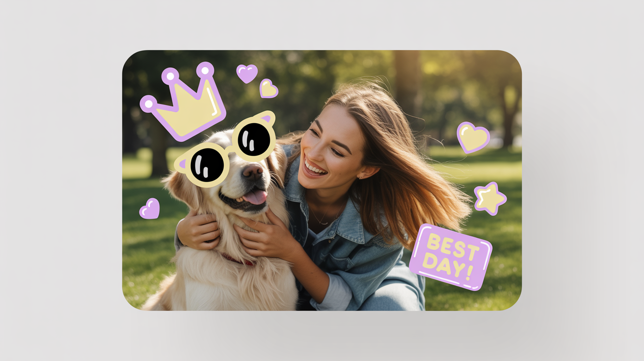 A photo of a woman and her dog at the park, decorated with fun digital stickers like a crown, sunglasses, hearts, and the text 'Best Day!'.