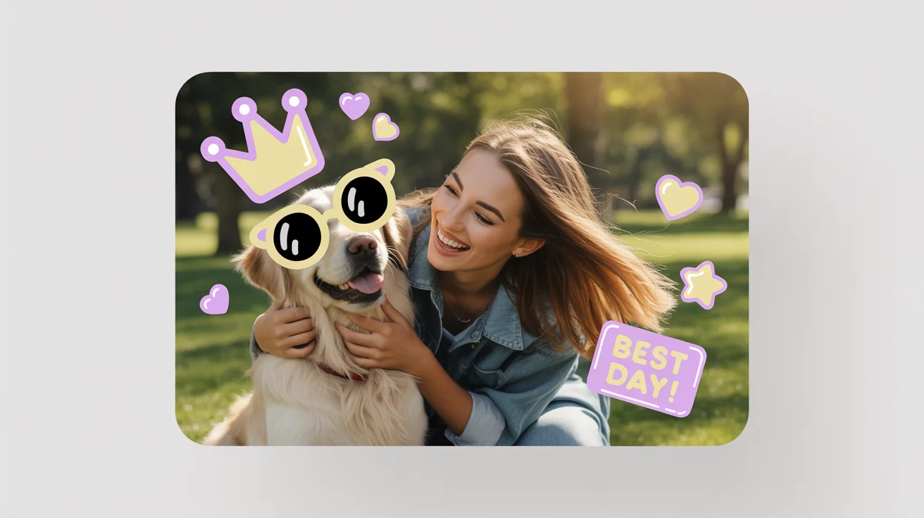 A photo of a woman and her dog at the park, decorated with fun digital stickers like a crown, sunglasses, hearts, and the text 'Best Day!'.